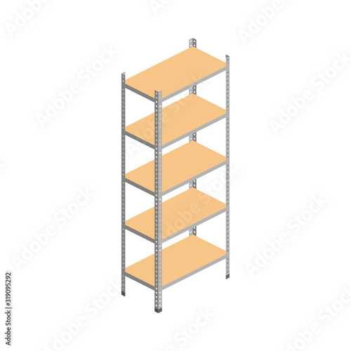 Isometric empty warehouse wooden shelves isolated on white. 3d Storage rack. Vector illustration. Logistic and delivery service element for web, design, infographics, apps