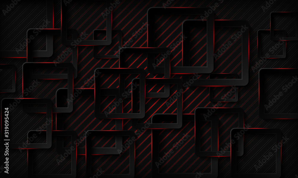 Black tech squares with red glowing neon light abstract background. Texture with geometric pattern and overlap layer. Modern technology background.