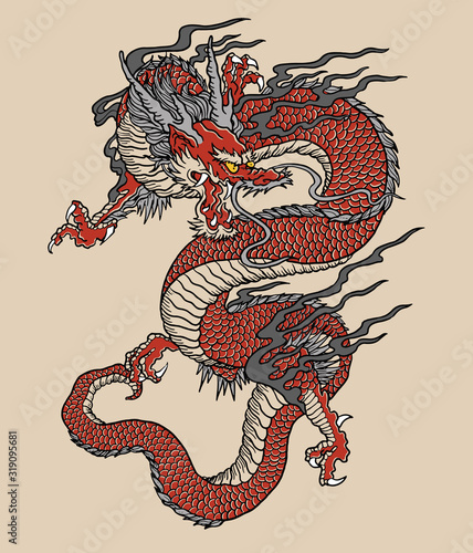 Japanese Red Dragon Tattoo Illustration. Full color vector art.