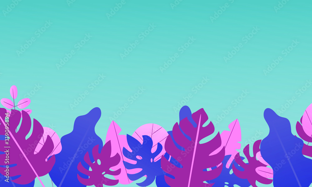 Fototapeta Tropical leaves of rainforest. Border on blue gradient background with copy space. Jungle summer vector flat illustrations