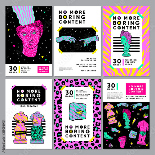 Colourful cards with acid ancient sculpture. Set of vector banners.