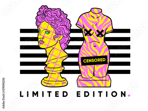 Acid ancient sculpture illustration in trendy psychedelic cosmic style.