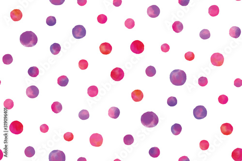 Watercolor circles seamless background pattern. Colorful dots  hand painted. Textile pattern, fabric swatch, wrapping paper.