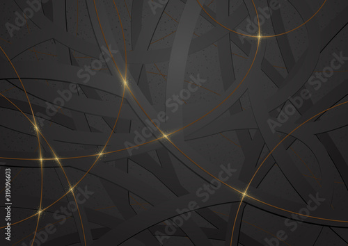 Abstract Geometric Black and Gold Background - Dark Circled Shapes with Golden Lines, Vector Illustration 