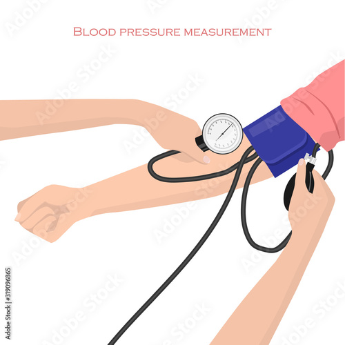 Blood pressure cuff on arm over the brachial pulse attached to automated sphygmomanometer and details of cuff dimensions