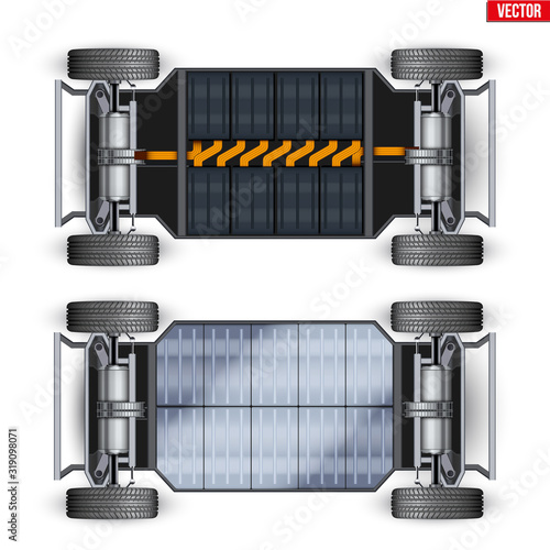 Electric Car Chassis with battery. Vehicle frame with batteries and Transmission on rechargeable eco car. Wheels and power item on automobile chassis. Vector Illustration isolated on white background.