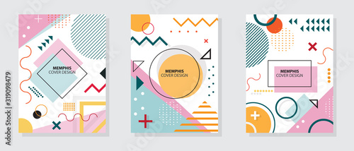 Memphis style covers set with geometric shapes and patterns. Abstract shapes compositions. Perfect for ad, invitation, presentation Isolated Vector illustration