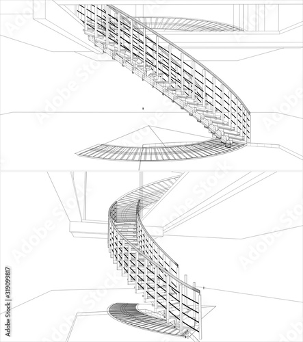Spiral Staircase Construction Structure Of Lines Vector. Spiral Stairway Isolated Illustration On White Background. 