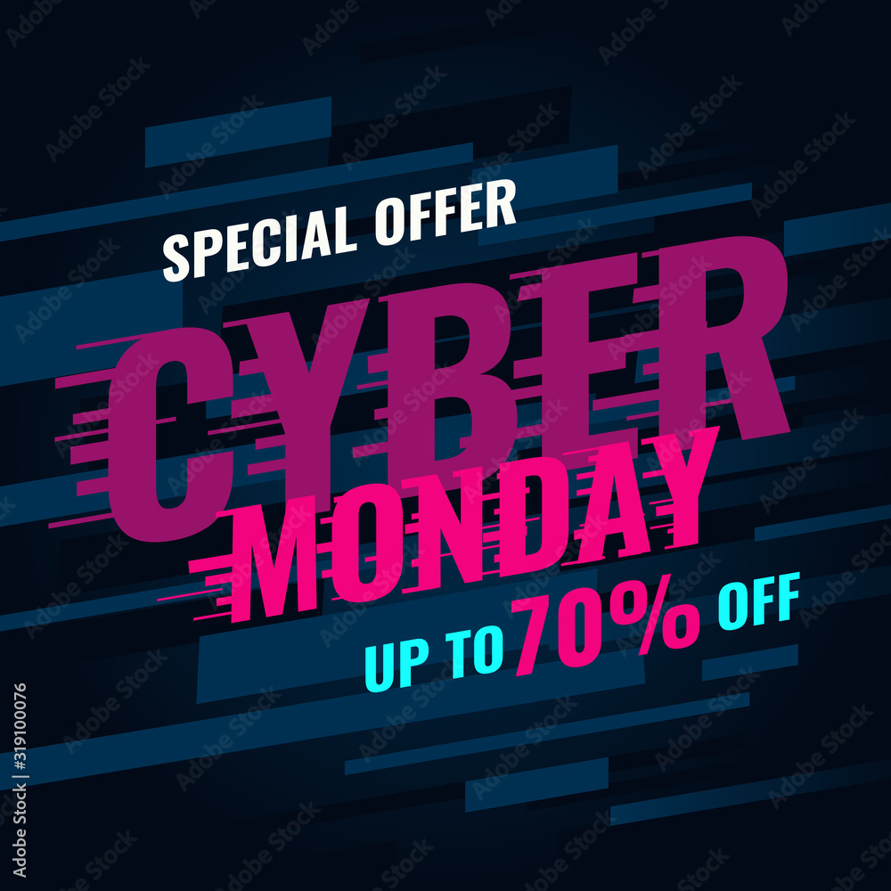 Cyber monday inscription in neon style on a black background. Design element for event advertising, branding, stocks, promotion. Vector illustration
