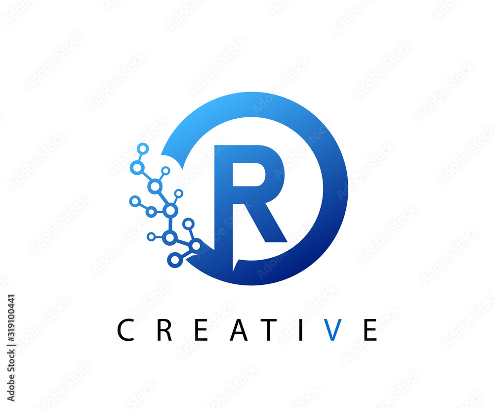 Circle R Letter Digital Network , abstract blue R technology logo