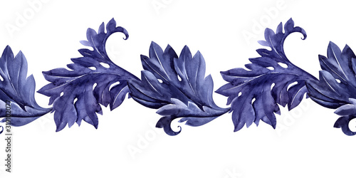 Watercolor seamless border with a stylized acanthus plant. Leaves, twigs and flowers photo