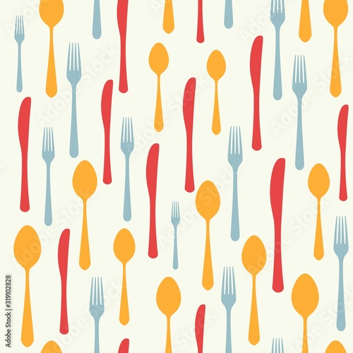 Cutlery icon seamless pattern. Fork, knife, spoon silhouettes and contours in different sizes and colors. texture for menu. Vector illustration in flat style.