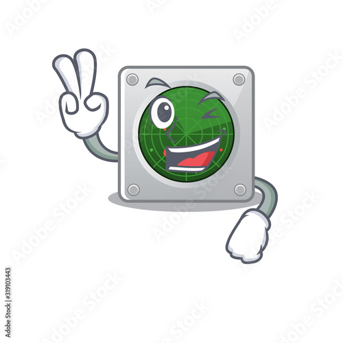 Smiley mascot of radar cartoon Character with two fingers