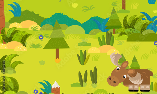 cartoon forest scene with wild animal moose elk illustration