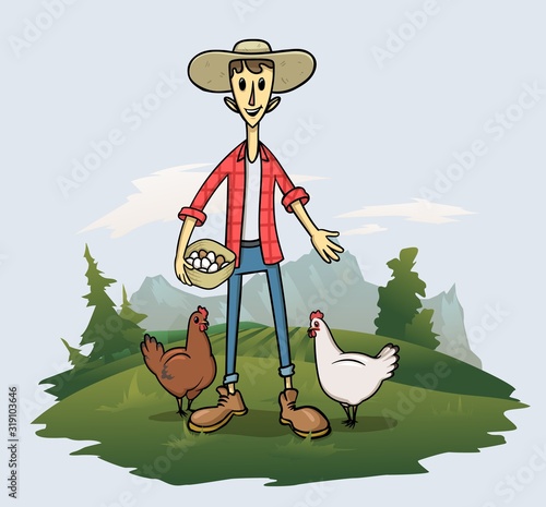 Young farmer in the hat with eggs and chikens, cartoon character standing on the grass with trees and mountain landscape on the background. Flat vector illustration.