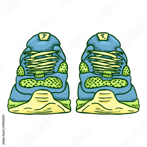 Vector Cartoon Green and Blue Running Shoes.