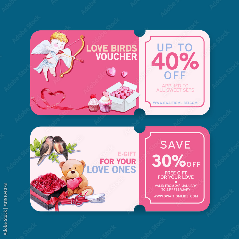Obraz premium Love voucher design with cupid, teddy bear watercolor illustration.