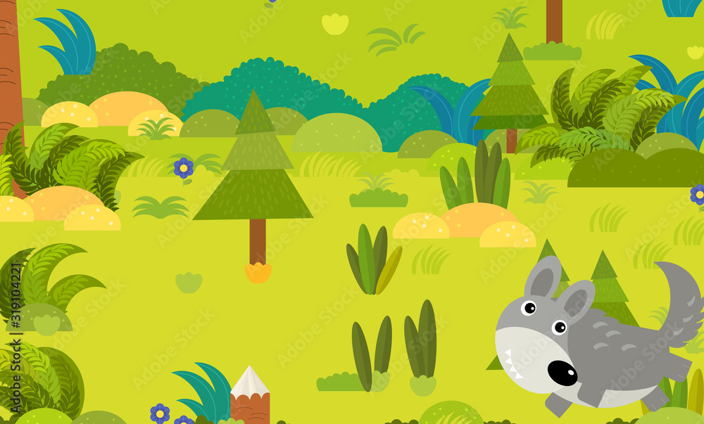 Obraz premium cartoon forest scene with wild animal wolf illustration