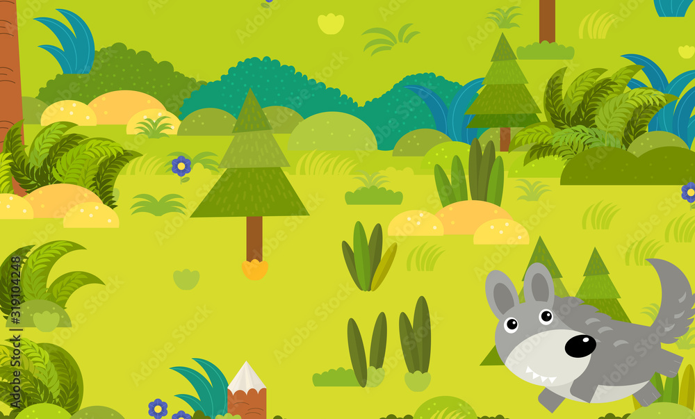 cartoon forest scene with wild animal wolf illustration cartoon forest scene with wild animal wolf illustration