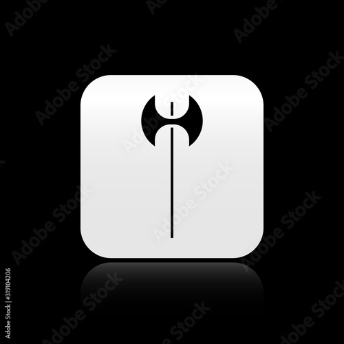 Black Medieval axe icon isolated on black background. Battle axe, executioner axe. Medieval weapon. Silver square button. Vector Illustration