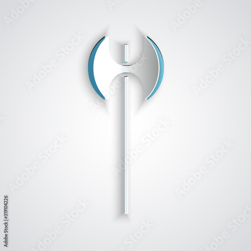 Paper cut Medieval axe icon isolated on grey background. Battle axe, executioner axe. Medieval weapon. Paper art style. Vector Illustration