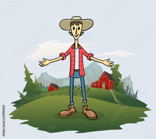 Young friendly farmer welcomes you to his ranch, funny cartoon character standing on the grass with trees and mountain landscape on the background. Flat vector illustration.