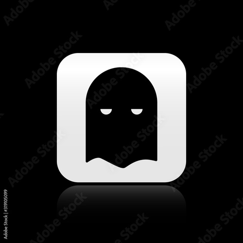 Black Executioner mask icon isolated on black background. Hangman, torturer, executor, tormentor, butcher, headsman icon. Silver square button. Vector Illustration
