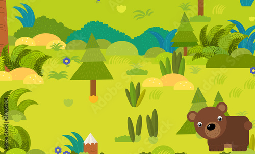 cartoon forest scene with wild animal bear illustration © honeyflavour