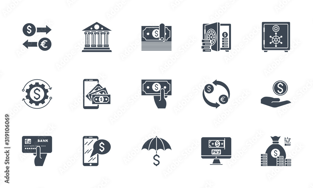 Banking icons set. Related vector glyph icons. Banking icons set. Related vector glyph icons.