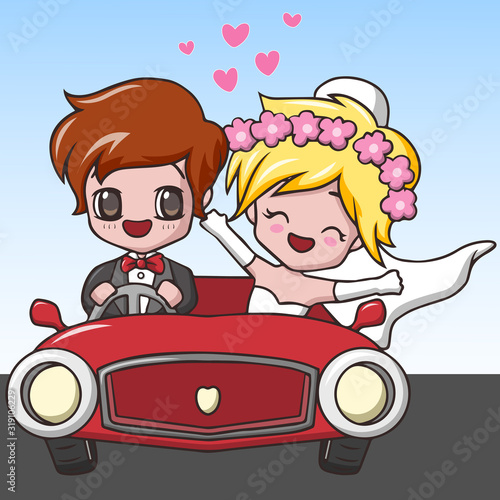 Cute happy wedding couples riding red car