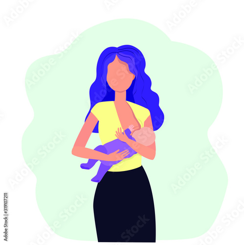 Breastfeeding illustration, mother feeding a baby with breast background. Healthy lactation and motherhood.Concept vector illustration in cartoon style.