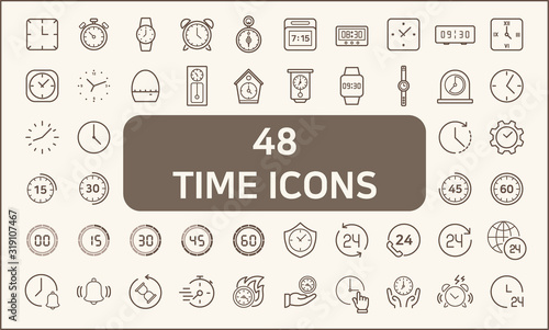 Set of 48 time and clock Icons line style.  Contains such Icons as stopwatch, alarm, clock, sand glass, timer and more. customize color, stroke width control , easy resize. 