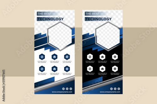 Blue hexagon roll up business banner design vertical template vector, cover presentation abstract geometric background, modern publication display and flag-banner, layout in rectangle