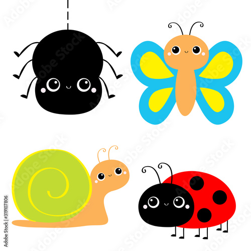 Insect set. Ladybug ladybird, butterfly, spider, lady bug, snail. Cute cartoon kawaii baby animal character. Flat design. White background. Isolated.