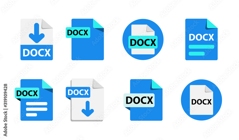 Collection of vector icons DOCx. File format extensions icons. 8 different design options. Circle buttons. flat design style Collection of vector icons DOCx. File format extensions icons. 8 different design options. Circle buttons. flat design style