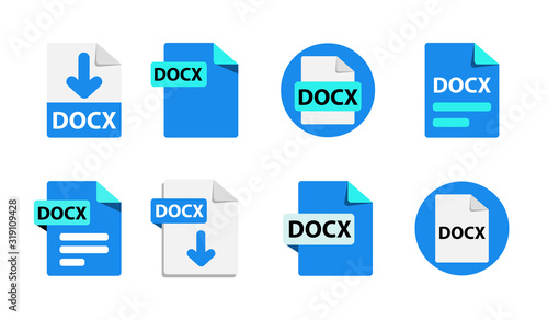 Collection of vector icons DOCx. File format extensions icons. 8 different design options. Circle buttons. flat design style