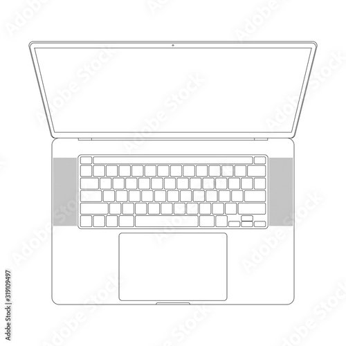 laptop icon in outline style design with keyboard and touchpad top view isolated on white background. thin line notebook mockup. stock vector illustration