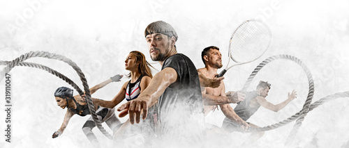 Fototapeta Naklejka Na Ścianę i Meble -  Sport collage. Tennis player, woman and man working out with battle ropes. Sports banner