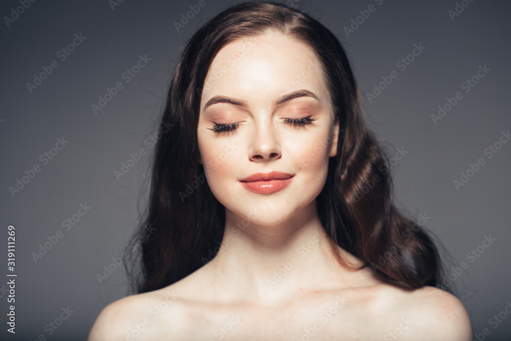 Beauty woman face natural make up long brunette hair female Beauty woman face natural make up long brunette hair female