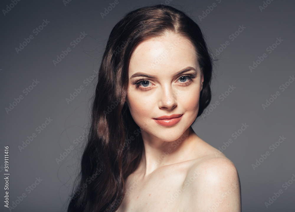 Beauty woman face natural make up long brunette hair female Beauty woman face natural make up long brunette hair female