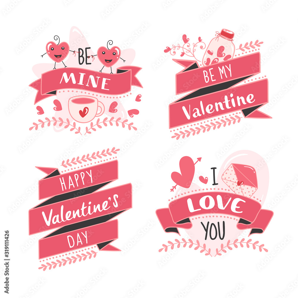 Happy Valentine's Day Message like as Be Mine, Be My Valentine, I Love You Font with Cartoon Heart Couple on White Background.