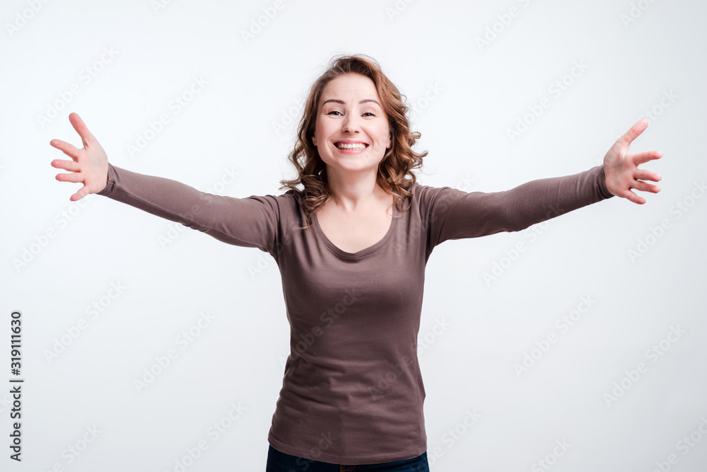 Smiling happy woman waiting for hugs, congratulations. White background. Smiling happy woman waiting for hugs, congratulations. White background.