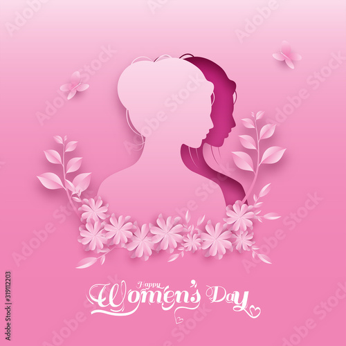 Paper Cut Female Face with Flowers  Leaves and Butterflies on Pink Background for Happy Women s Day.
