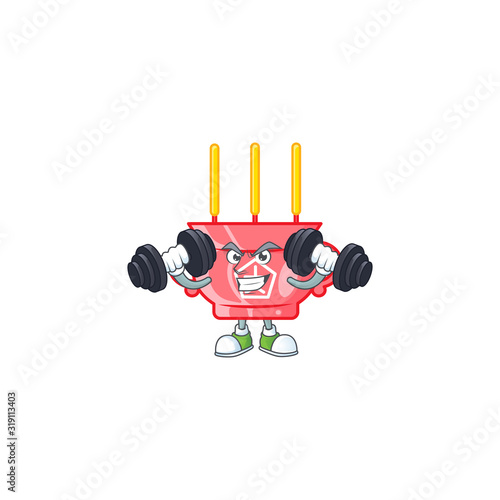 Fitness exercise chinese red incense mascot icon with barbells