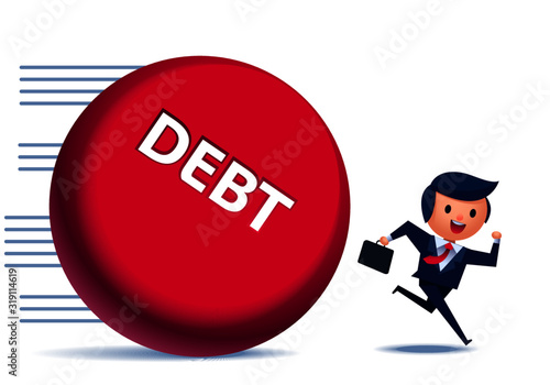 Vector concept illustration of businessman run away from giant debt
