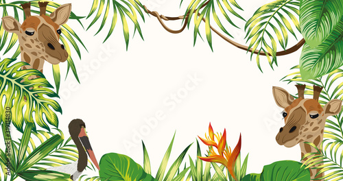 Jungle frame giraffe stork leaves white background