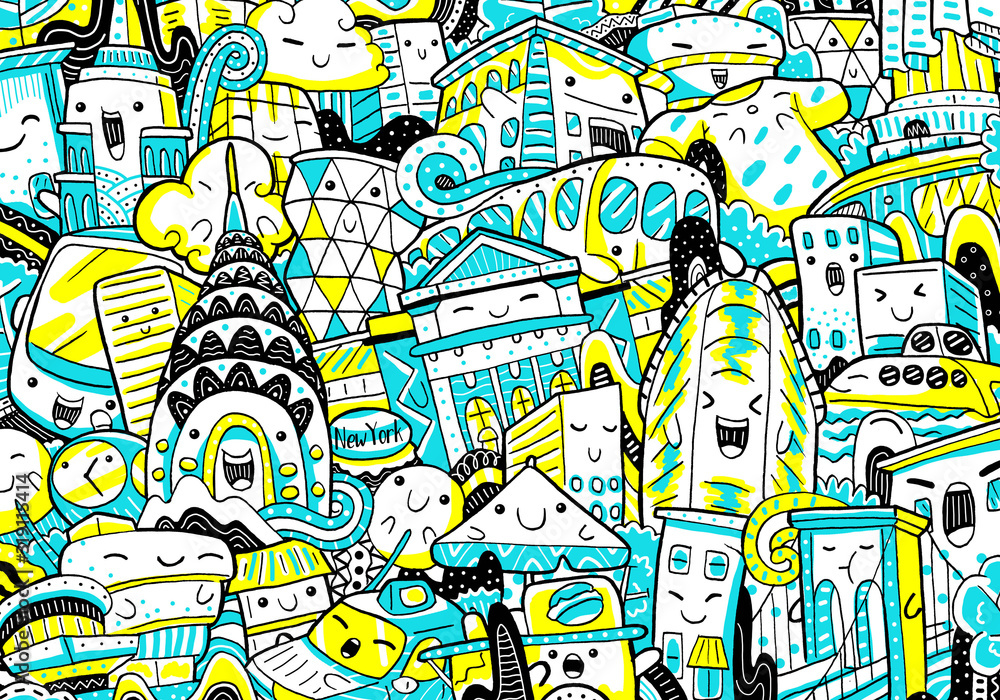 New York cityscape doodle in cute hand drawn style.
