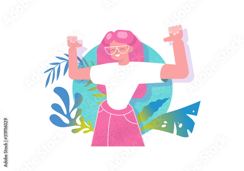 GRL PWR cartoon characters isolated. Young woman looking confident, pointing oneself with fingers proud and happy. Girl power feminist movement concept female friends, union of feminists, sisterhood