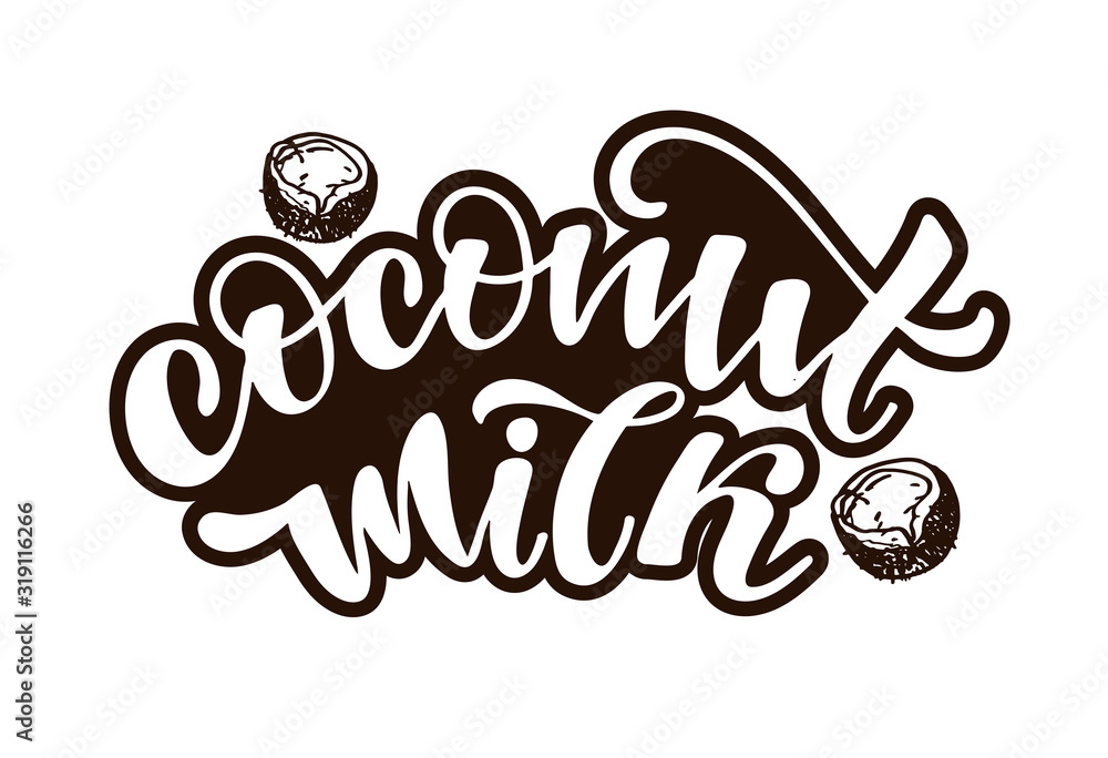 Vegetarian, Coconut, Almond milk lettering quotes for banner, logo and packaging design. Organic nutrition healthy food. Phrases about dairy product. Vector illustration