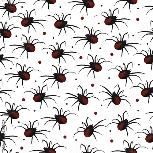 Vector seamless pattern with redback spider and dots.